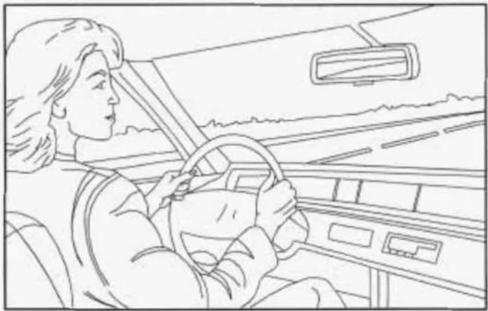 Line drawing of a person driving a car with steering wheel and dashboard (no text or symbols)