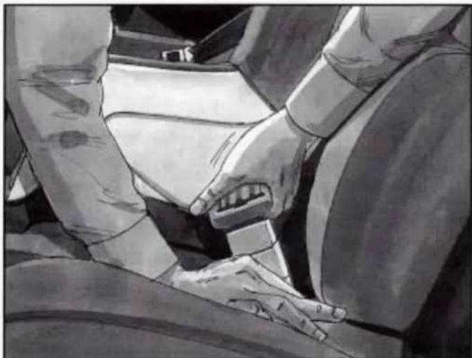 Illustration of a car seatbelt being locked in the seat, showing hands and seatbelt (no text or symbols)