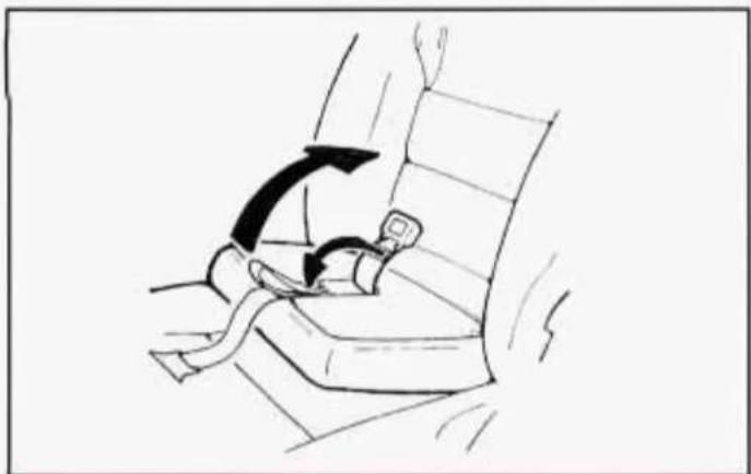 Line drawing of a person sitting on a car seatbelt, showing seatbelt movement with arrows indicating direction (no text or symbols)