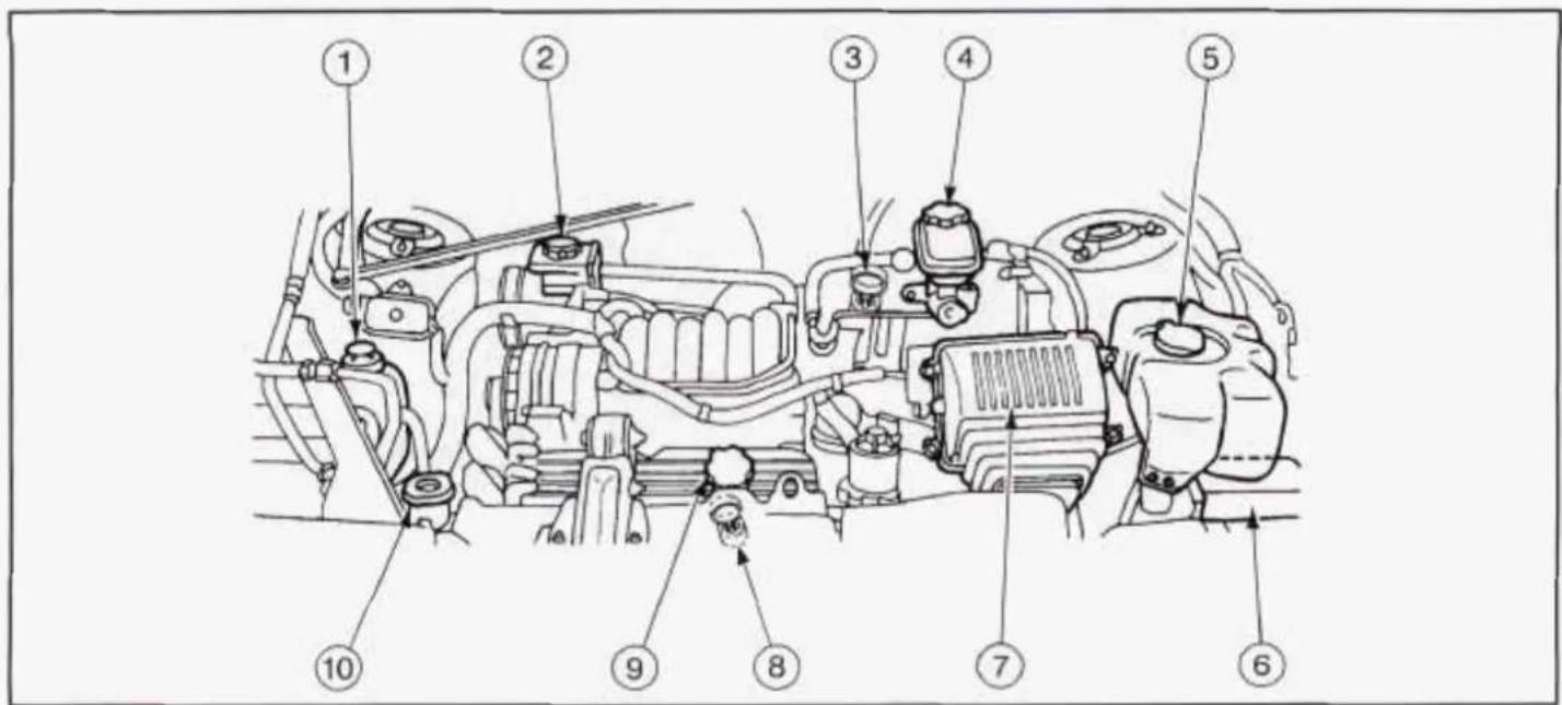 Technical diagram of a vehicle engine with numbered components for identification