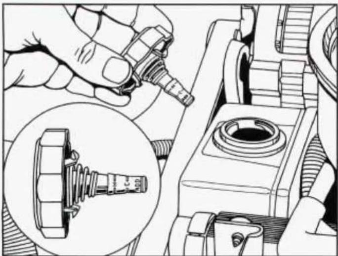 Technical illustration of a mechanical assembly with hands and a magnified inset showing a bolt component (no text or symbols)