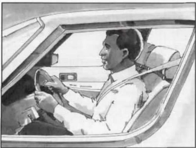 Black-and-white illustration of a person driving a car, wearing a seatbelt and white shirt, with no visible text or symbols.