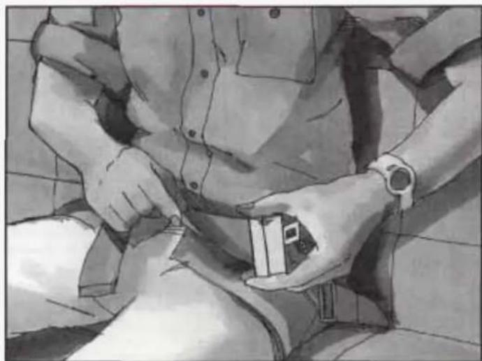 Illustration of a person wearing a wristwatch and adjusting a small object on a seat (no text or symbols visible)