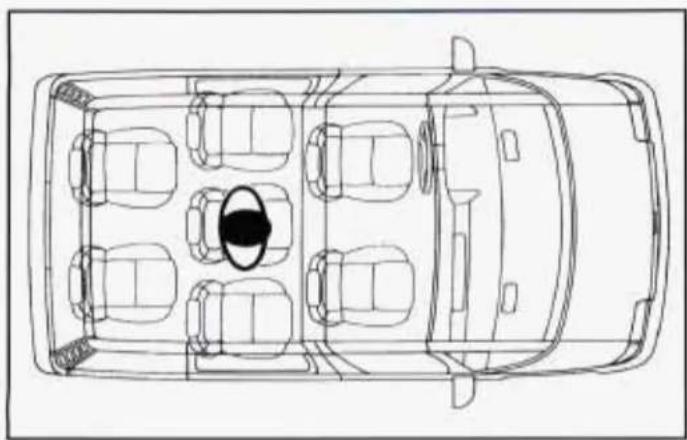 Top-down line drawing of a car interior layout with multiple vehicles and a central circular component (no text or symbols)