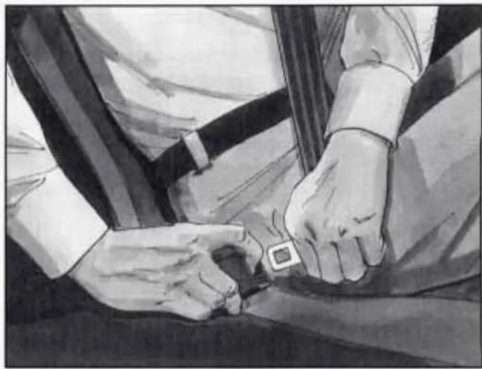 Illustration of a person's hands adjusting a seatbelt (no text or symbols visible)