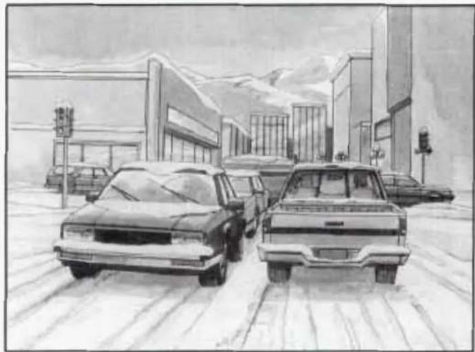 Sketch of a snowy street scene with parked cars and buildings, no visible text or symbols