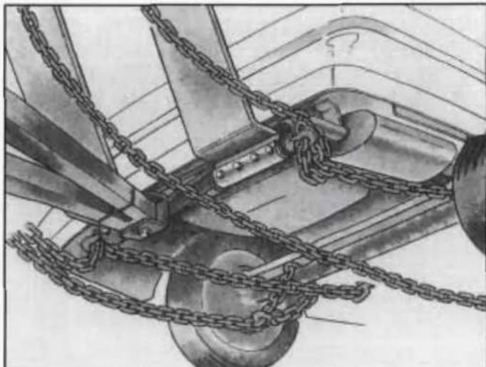 Technical illustration of a mechanical linkage system with chains and components (no text or symbols)