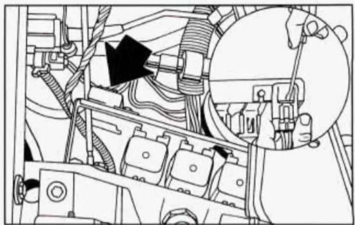 Technical diagram of an automotive engine bay with visible hoses and components, no text or symbols present
