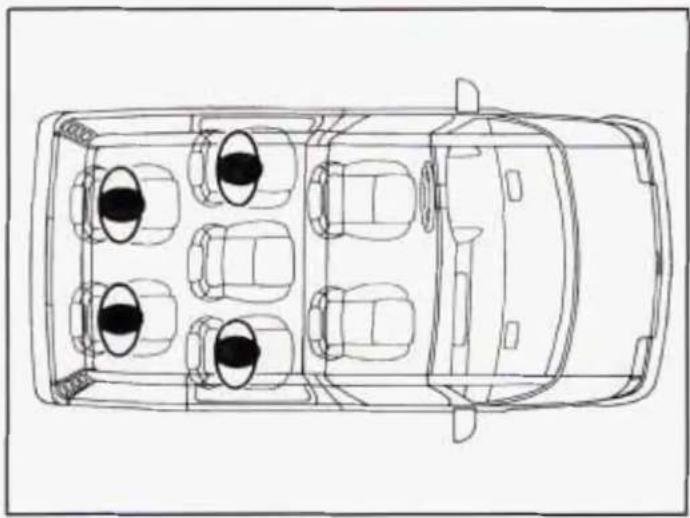 Top-down line drawing of a car with six circular windows and a rectangular roof (no text or symbols)