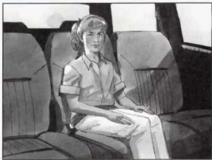 Black-and-white sketch of a person sitting on a vehicle, viewed from above (no text or symbols)