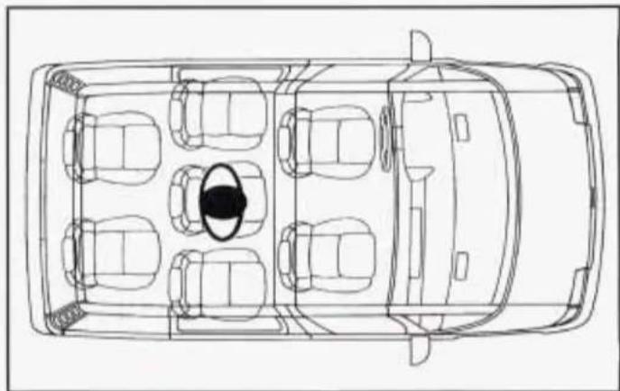 Top-down line drawing of a car interior layout with multiple cars and a central oval (no text or symbols)