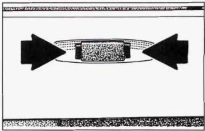 Diagram showing a rectangular object with a circular arrow passing through it, surrounded by two opposing arrows pointing outward, with no visible text or symbols.