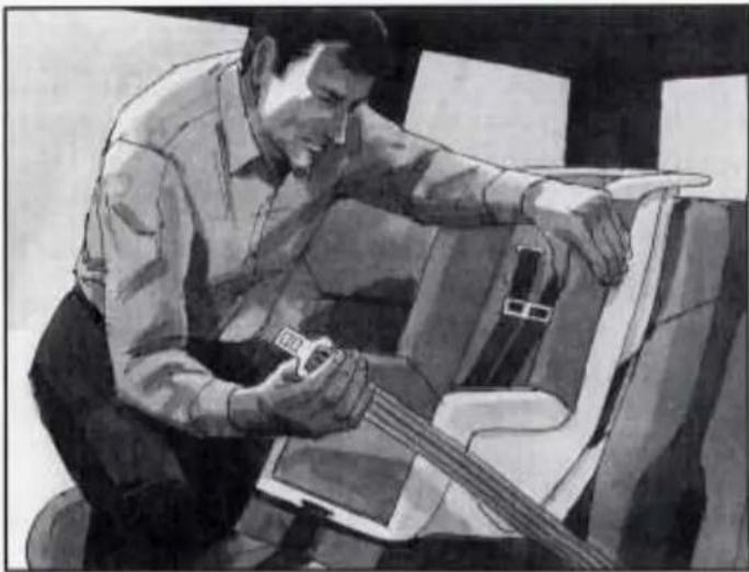Black-and-white illustration of a man adjusting a car seatbelt, no text or symbols visible