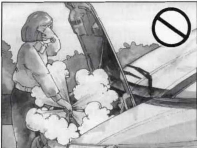 Illustration of a person using a fire extinguisher to smoke, with a no-smoking symbol nearby (no text or labels)