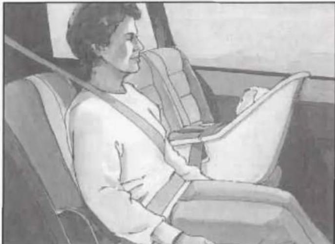 Black-and-white illustration of a person seated in a car seat, wearing a seatbelt (no text or symbols visible)