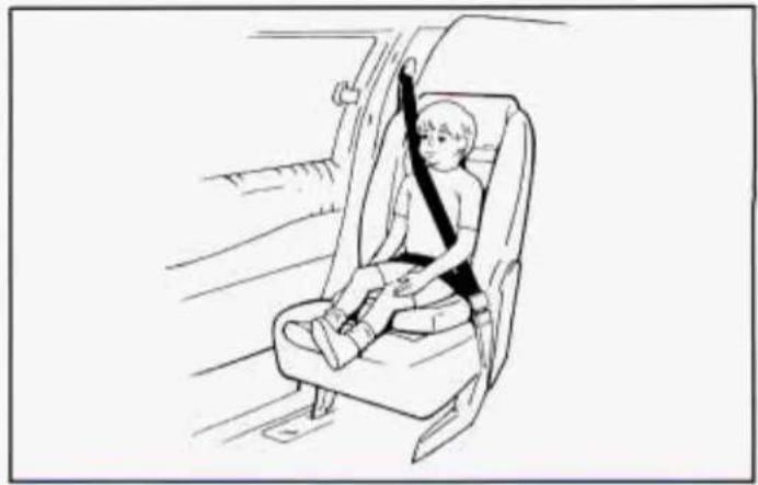 Line drawing of a child seated in a car seat, wearing a seatbelt and carrying a belt (no text or symbols)