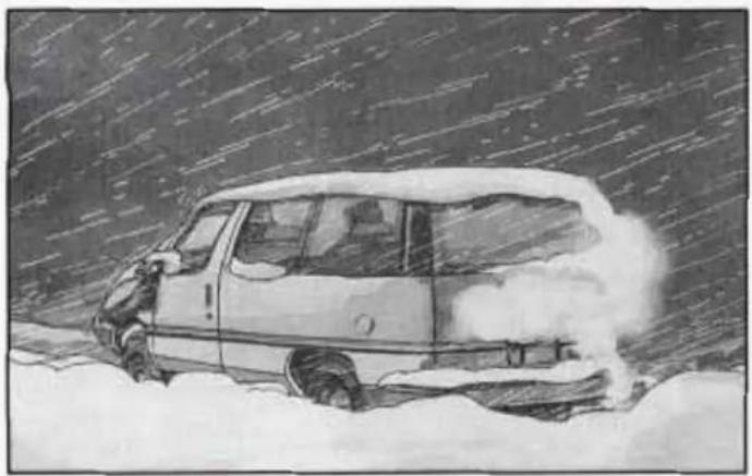 Black-and-white photo of a car driving through snow, creating large dust or smoke (no visible text or symbols)