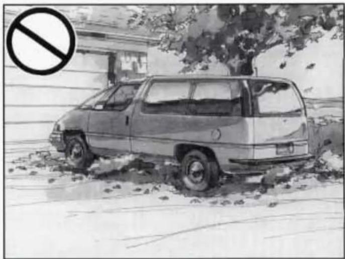 Black-and-white photo of a parked van on a wet street with a no-smoking symbol in the corner (no text or numbers on vehicle)