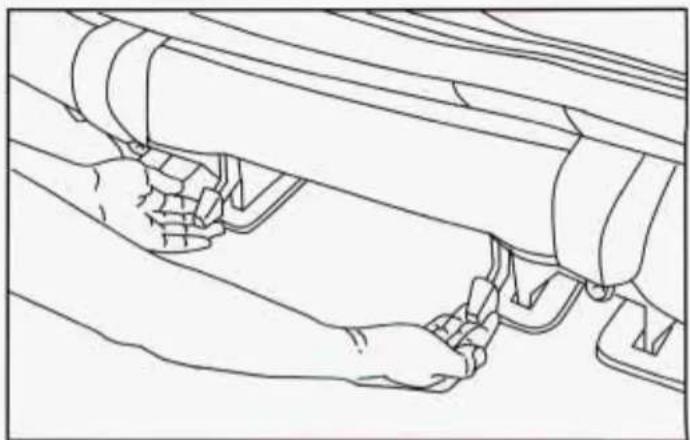 Line drawing of a hand adjusting a car seatbelt (no text or symbols)