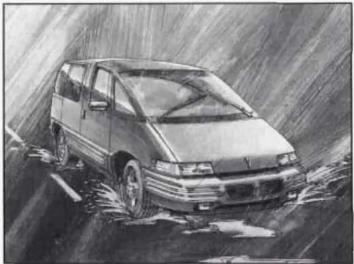 Sketch of a minivan driving through heavy rain, no text or symbols visible