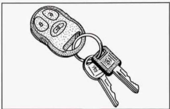 Line drawing of a keychain with two keys and three buttons, no text or symbols present
