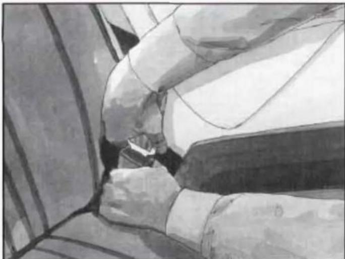 Black-and-white sketch of a person's arm and seatbelt, no text or symbols present