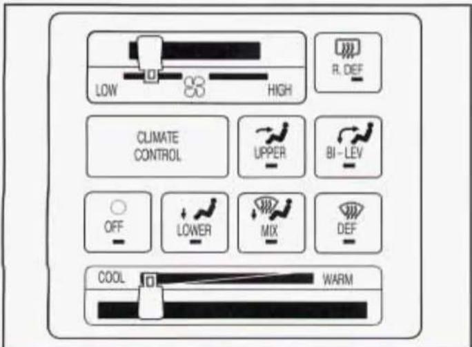 LOW HIGH R. DEF CLIMATE CONTROL UPPER BI-LEV OFF LOWER MIX DEF COOL WARM
