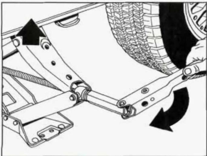 Mechanical assembly diagram showing a car wheel and suspension mechanism with directional arrows (no text or symbols)