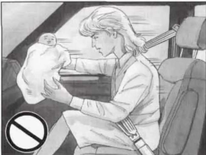 Illustration of a person in a car holding a baby, with a no-smoking symbol nearby (no text or symbols on the main scene)