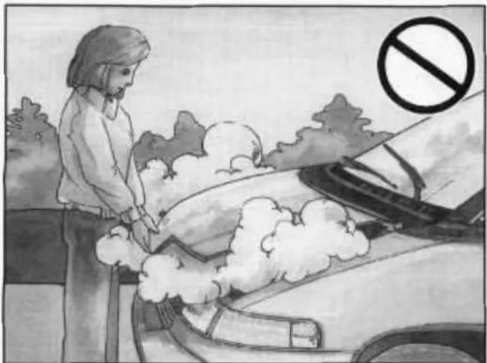 Illustration of a person using a car to exhaust smoke, with a no-smoking symbol nearby (no text or labels)