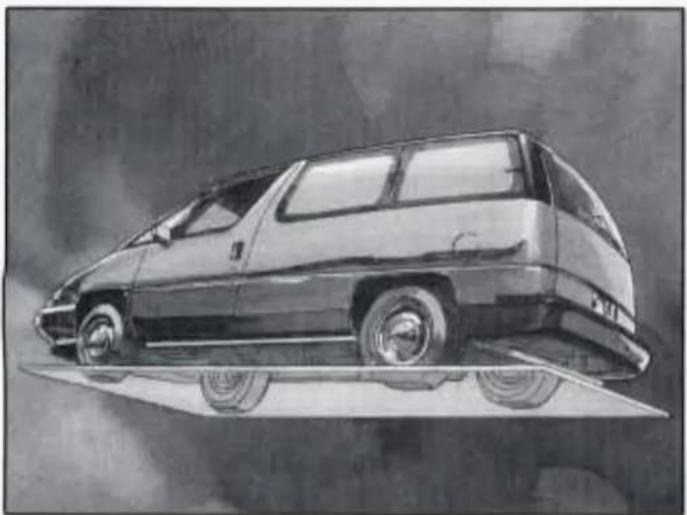 Black-and-white illustration of a vintage minivan on a flatbed surface, no text or symbols visible.