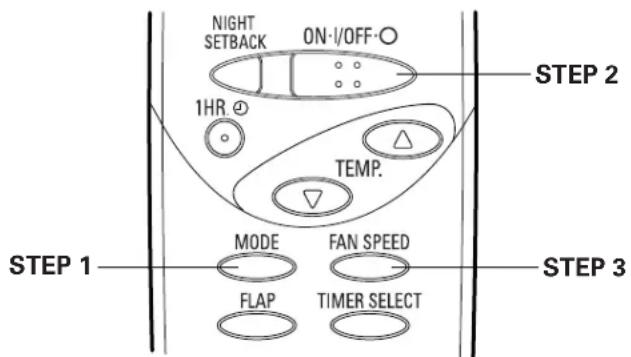 NIGHT SETBACK ON-1/OFF- 1HR Φ TEMP. MODE FAN SPEED FLAP TIMER SELECT STEP 1 STEP 2 STEP 3