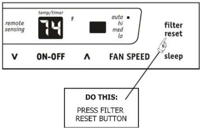 remote sensing temp/timer F auto hi med lo filter reset V ON-OFF ∧ FAN SPEED sleep DO THIS: PRESS FILTER RESET BUTTON