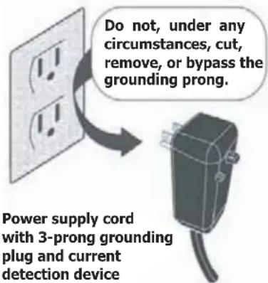 Do not, under any circumstances, cut, remove, or bypass the grounding prong. Power supply cord with 3-prong grounding plug and current detection device