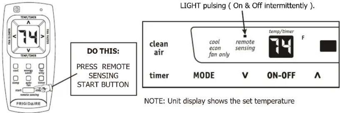 TEMP/TIMER 74 V FAN SLLOWER TEMP/TIMER cool energy saved fan only sleep apple fan Timer start stop remote sensing FRIGIDAIRE DO THIS: PRESS REMOTE SENSING START BUTTON LIGHT pulsing ( On & Off intermittently ). clean air cool econ fan only remote sensing temp/timer F timer MODE V ON-OFF A NOTE: Unit display shows the set temperature