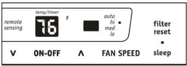 remote sensing temp/timer 76 F auto hi med lo filter reset V ON-OFF ∧ FAN SPEED sleep