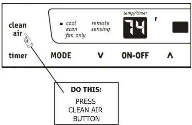 clean air timer MODE V ON-OFF F cool econ fan only remote sensing temp/timer DO THIS: PRESS CLEAN AIR BUTTON