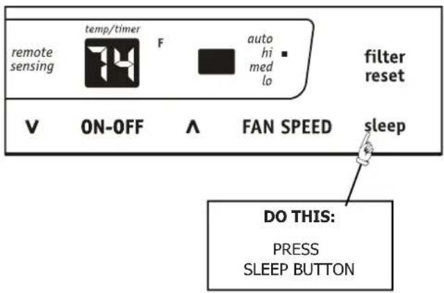 remote sensing temp/timer F auto hi med lo filter reset V ON-OFF ∧ FAN SPEED sleep DO THIS: PRESS SLEEP BUTTON