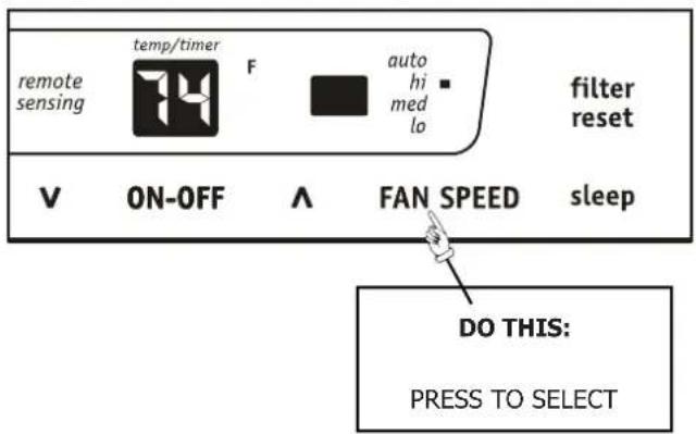 remote sensing temp/timer F auto hi med lo filter reset V ON-OFF ∧ FAN SPEED sleep DO THIS: PRESS TO SELECT