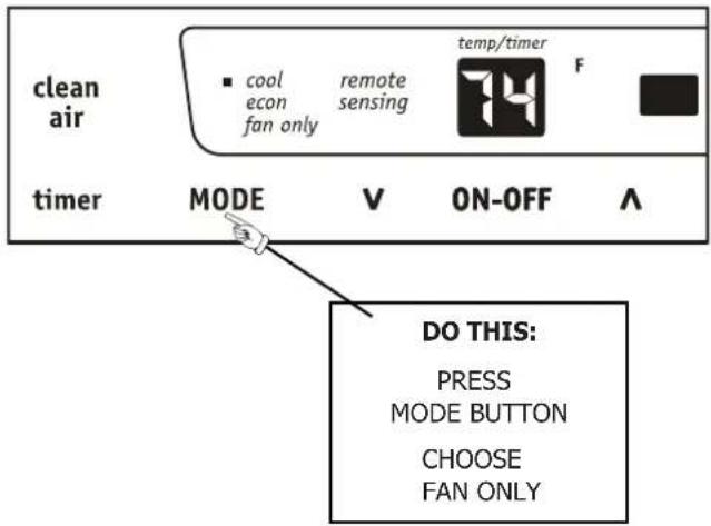 clean air cool remote temp/timer F econ sensing fan only F timer MODE V ON-OFF ∧ DO THIS: PRESS MODE BUTTON CHOOSE FAN ONLY