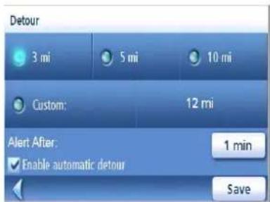 Detour 3 mi 5 mi 10 mi Custom: 12 mi Alert After: Enable automatic detour 1 min Save