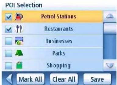 POI Selection Petrol Stations Restaurants Businesses Parks Shopping Mark All Clear All Save