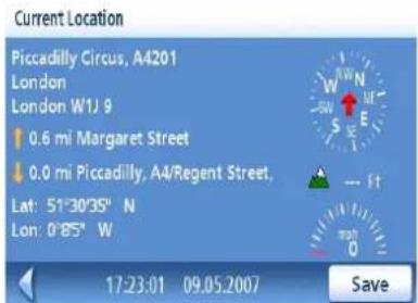 Current Location Piccadilly Circus, A4201 London London W1J 9 0.6 mi Margaret Street 0.0 mi Piccadilly, A4/Regent Street, Lat: 51°30'35" N Lon: 0°85" W 17:23:01 09.05.2007 Save