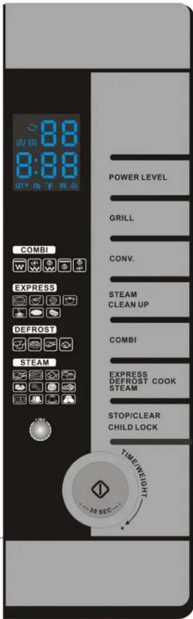 0:00 W 88 8:00 QTY Ib F W COMBI EXPRESS DEFROST STEAM POWER LEVEL GRILL CONV. STEAM CLEAN UP COMBI EXPRESS DEFROST COOK STEAM STOP/CLEAR CHILD LOCK TIME/WEIGHT 30 SEC