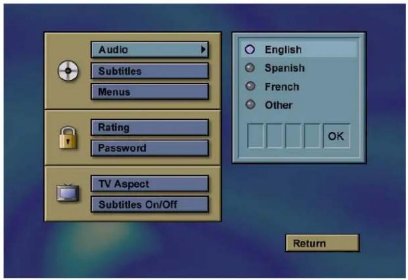 Audio Subtitles Menus Rating Password TV Aspect Subtitles On/Off English Spanish French Other OK Return