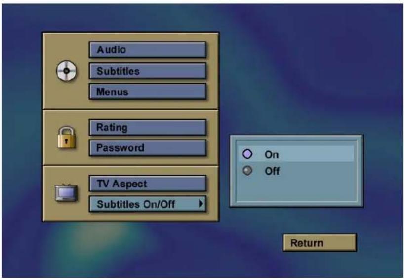 Audio Subtitles Menus Rating Password TV Aspect Subtitles On/Off On Off Return