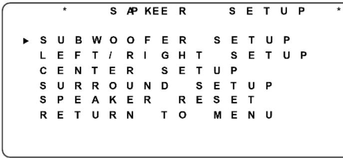 * S AP KEE R S E T U P ► S U B W O O F E R S E T U P L E F T / R I G H T S E T U P C E N T E R S E T U P S U R R O U N D S E T U P S P E A K E R R E S E T R E T U R N T O M E N U