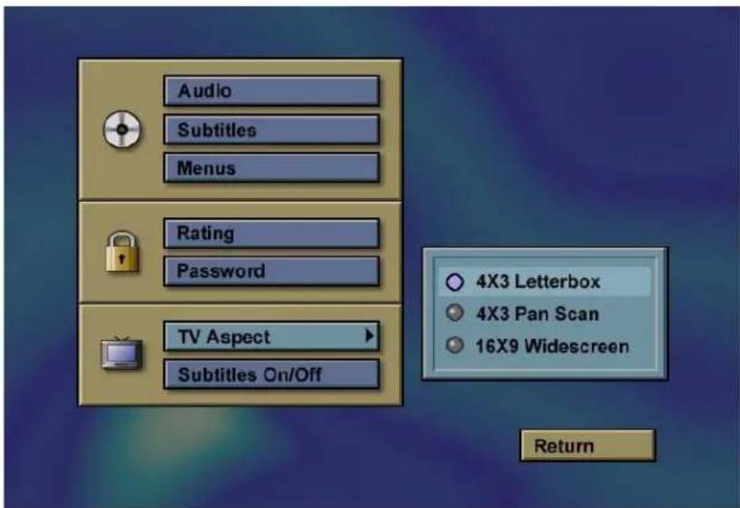 Audio Subtitles Menus Rating Password TV Aspect Subtitles On/Off 4X3 Letterbox 4X3 Pan Scan 16X9 Widescreen Return