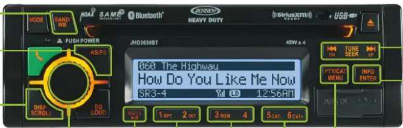 MODE BAND/WS NOA® S A M® S A M® Bluetooth® JENSEN HEAVY DUTY (0:16:30:00) START USB PUSH POWER JHD3638ST 45W x 4 AS/PS 068 The Highway How Do You Like Me Now SR3-4 Tel 12:56AM TUNE SEEK FTV/CAT MENU INFO ENTER DISP SCROLL EO LOAD WRITE RBI 1 RPT 2 INT 3 ROM 4 5 CAT 6 CAT+