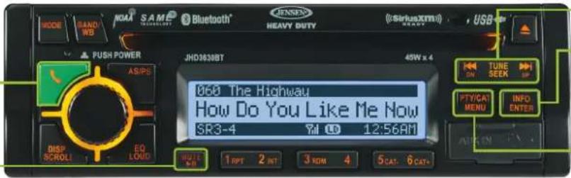 MODE RAND WB NOA® S A M® TECHNOLOGY® Bluetooth® RENSON HEAVY DUTY (C SiriusXM) READY USB PUSH POWER JHD3630BT 45W x 4 AS/PS 068 The Highway How Do You Like Me Now SR3-4 Tel: 12:56AM DISP SCROLL EO LOUD 1 RPT 2 INT 3 ROM 4 5CAT. 6CAT+ TUNE SEEK FTY/CAT MENU INFO ENTER